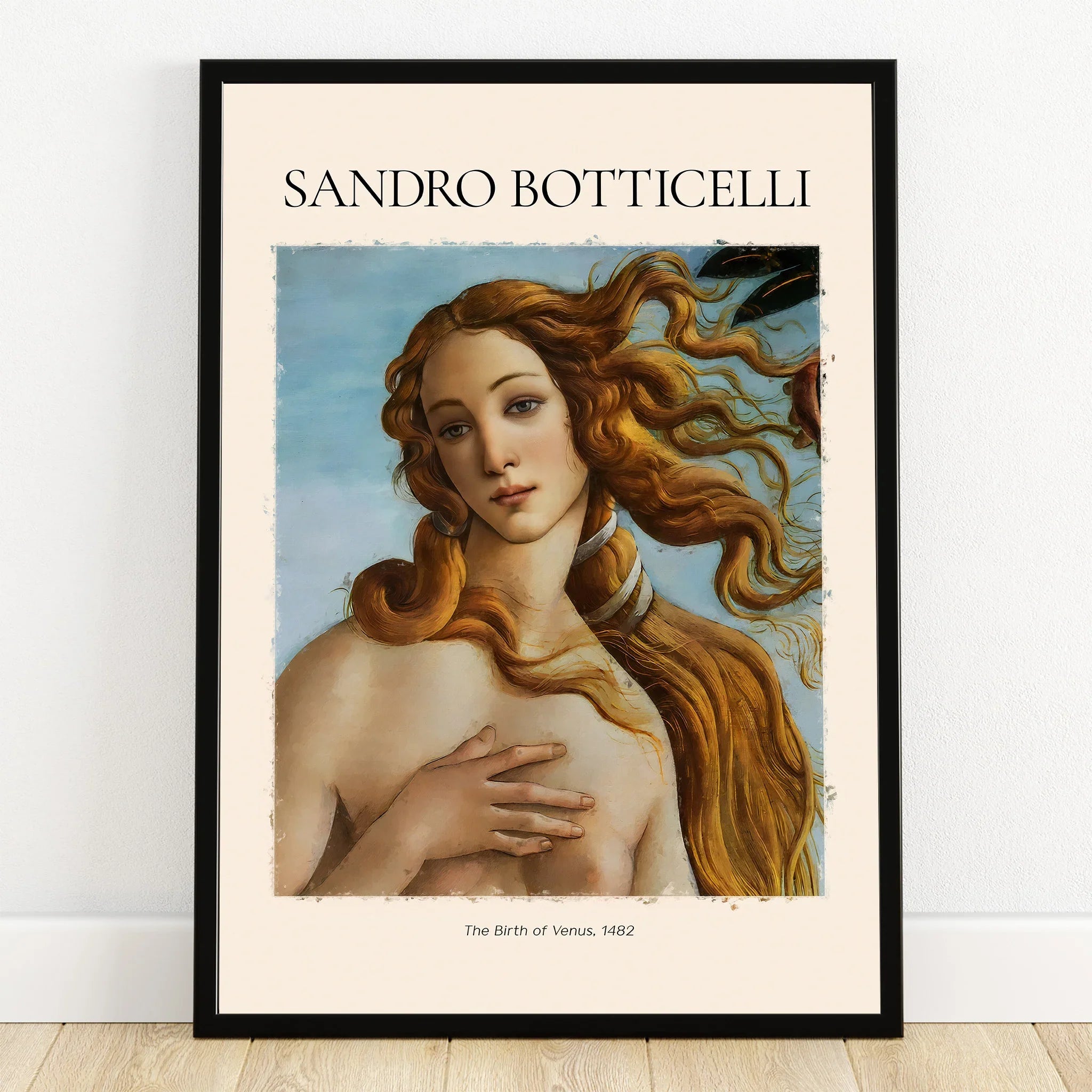 Framed art print of Botticelli’s Birth of Venus with text, ideal for wall decor