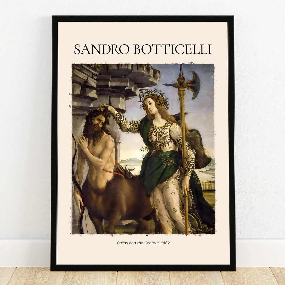 Framed art print of Botticelli’s Pallas and the Centaur featuring mythological figures