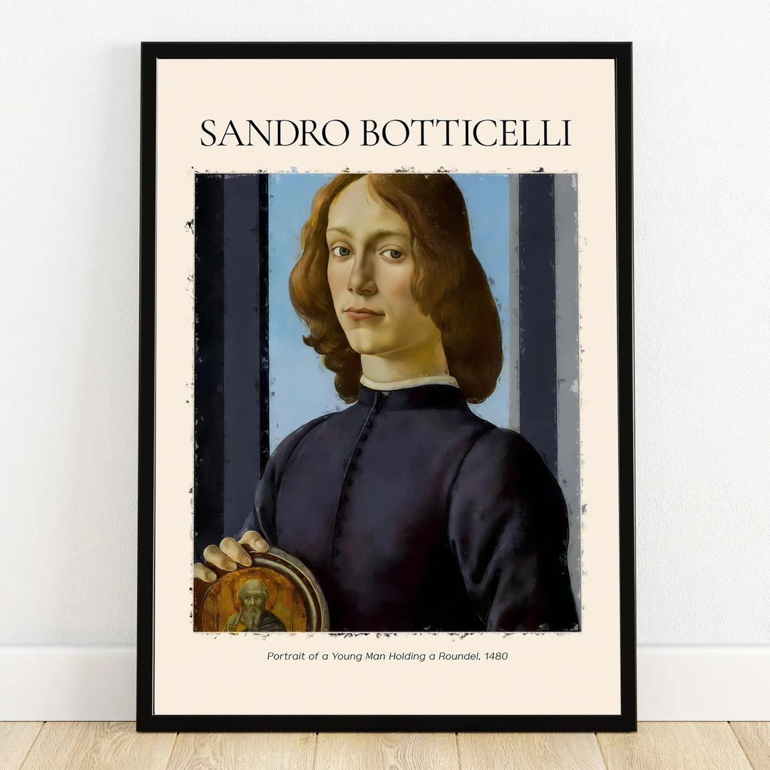 Framed art print of Botticelli’s Portrait of a Young Man Holding a Roundel, classic wall decor