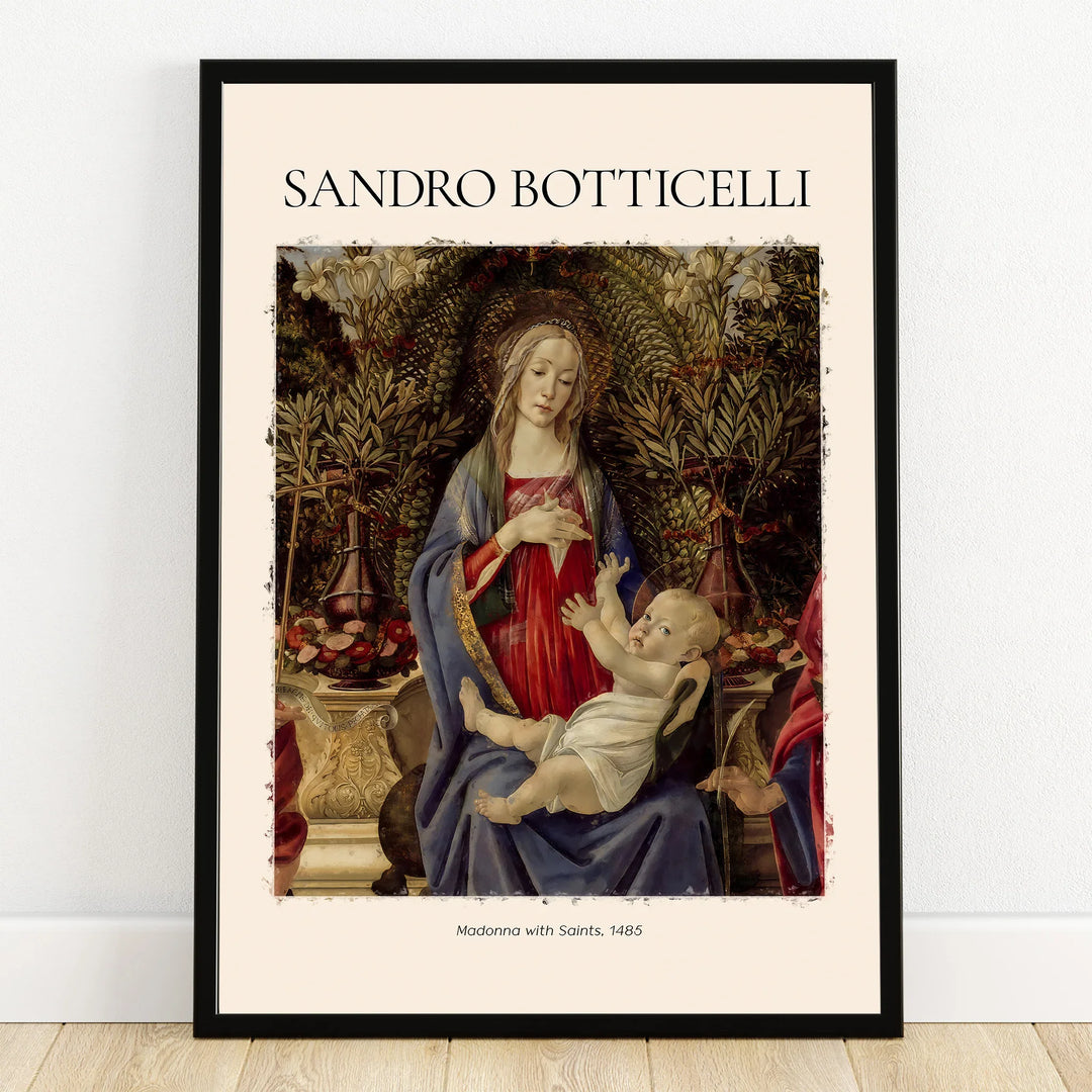 Framed Sandro Botticelli poster featuring Madonna with child, classic art wall decor