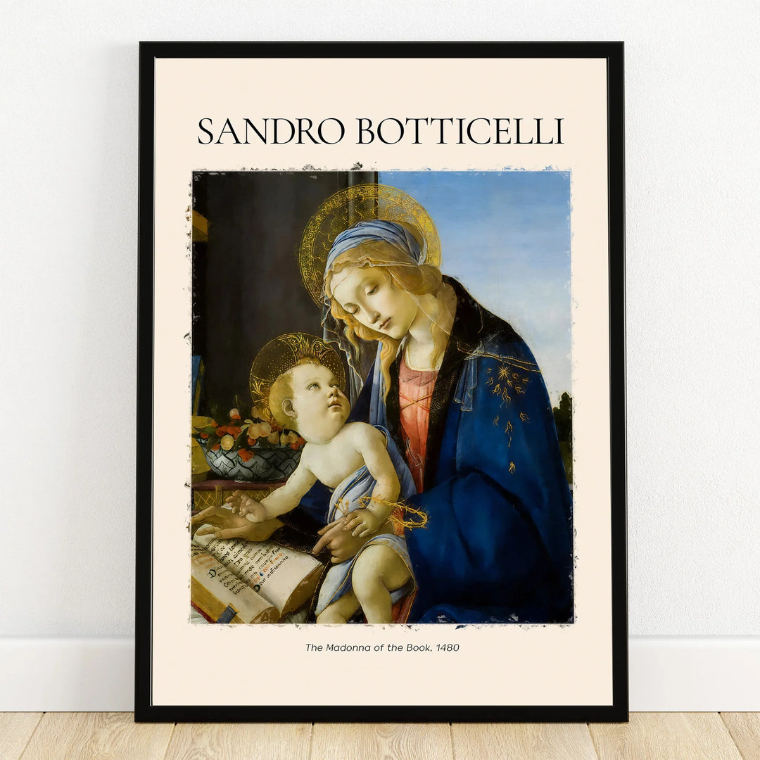 Framed art print of Botticelli's Madonna and Child with book, classic Renaissance wall decor