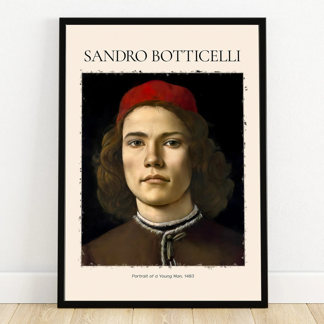 Framed wall art print of a Renaissance portrait, young man in red cap, white background