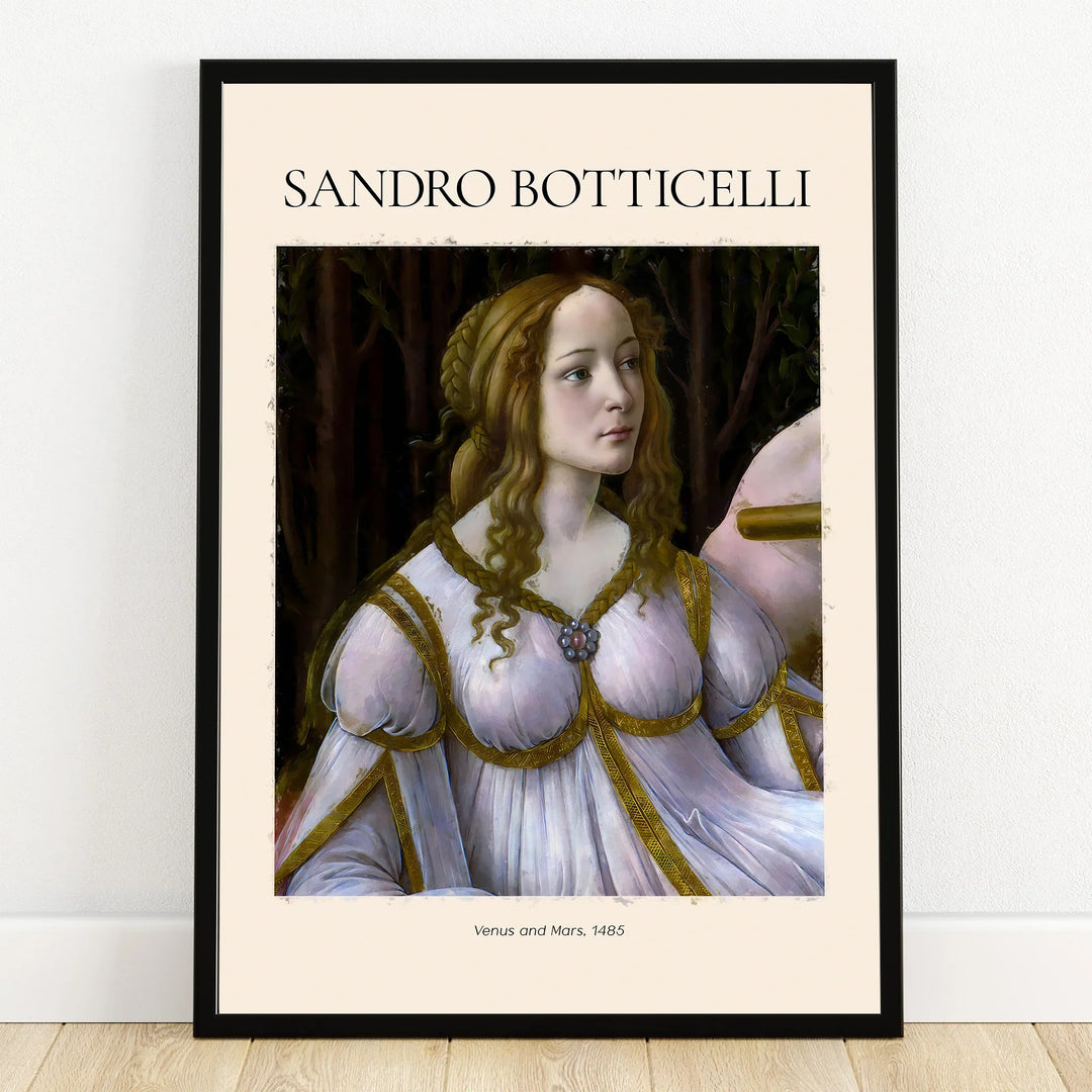 Framed wall art print of Sandro Botticelli’s Venus and Mars, classical Renaissance portrait.