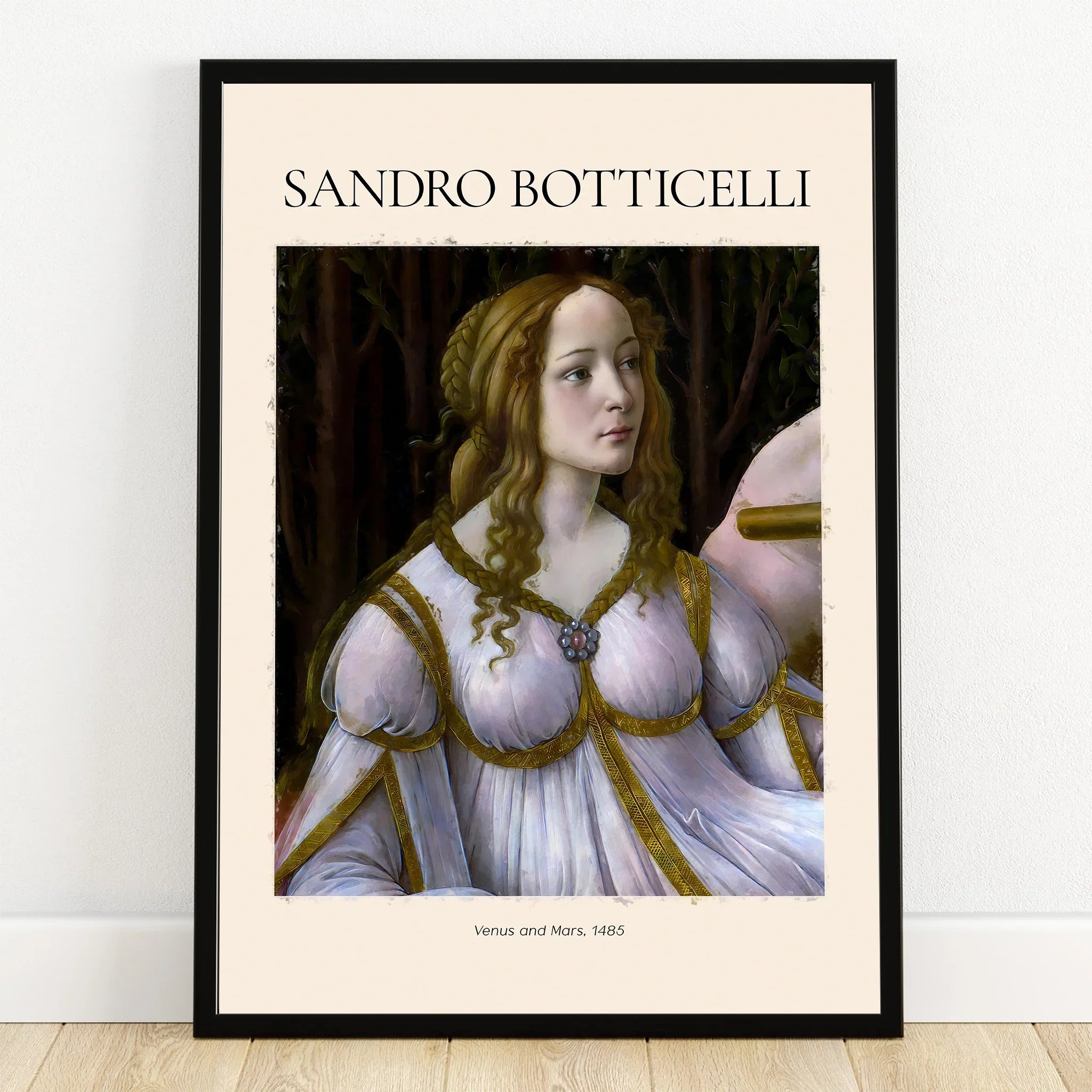 Framed wall art print of Sandro Botticelli’s Venus and Mars, classical Renaissance portrait.