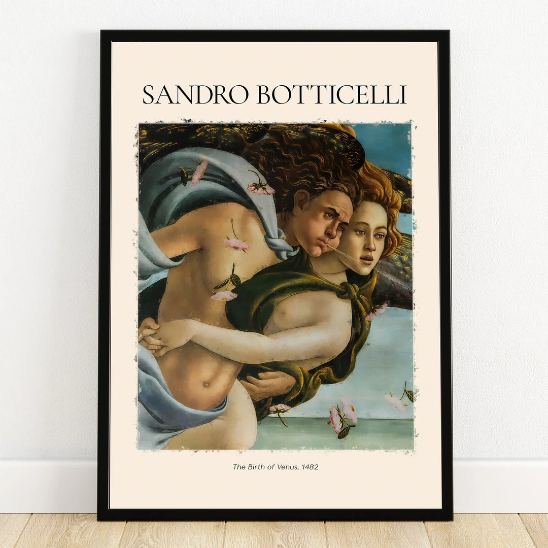 Framed wall art print of Sandro Botticelli's The Birth of Venus, two figures with flowing hair