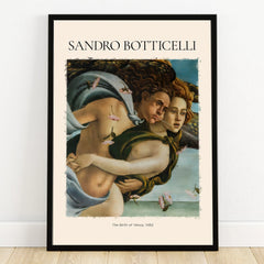 Framed wall art print of Sandro Botticelli's The Birth of Venus, two figures with flowing hair