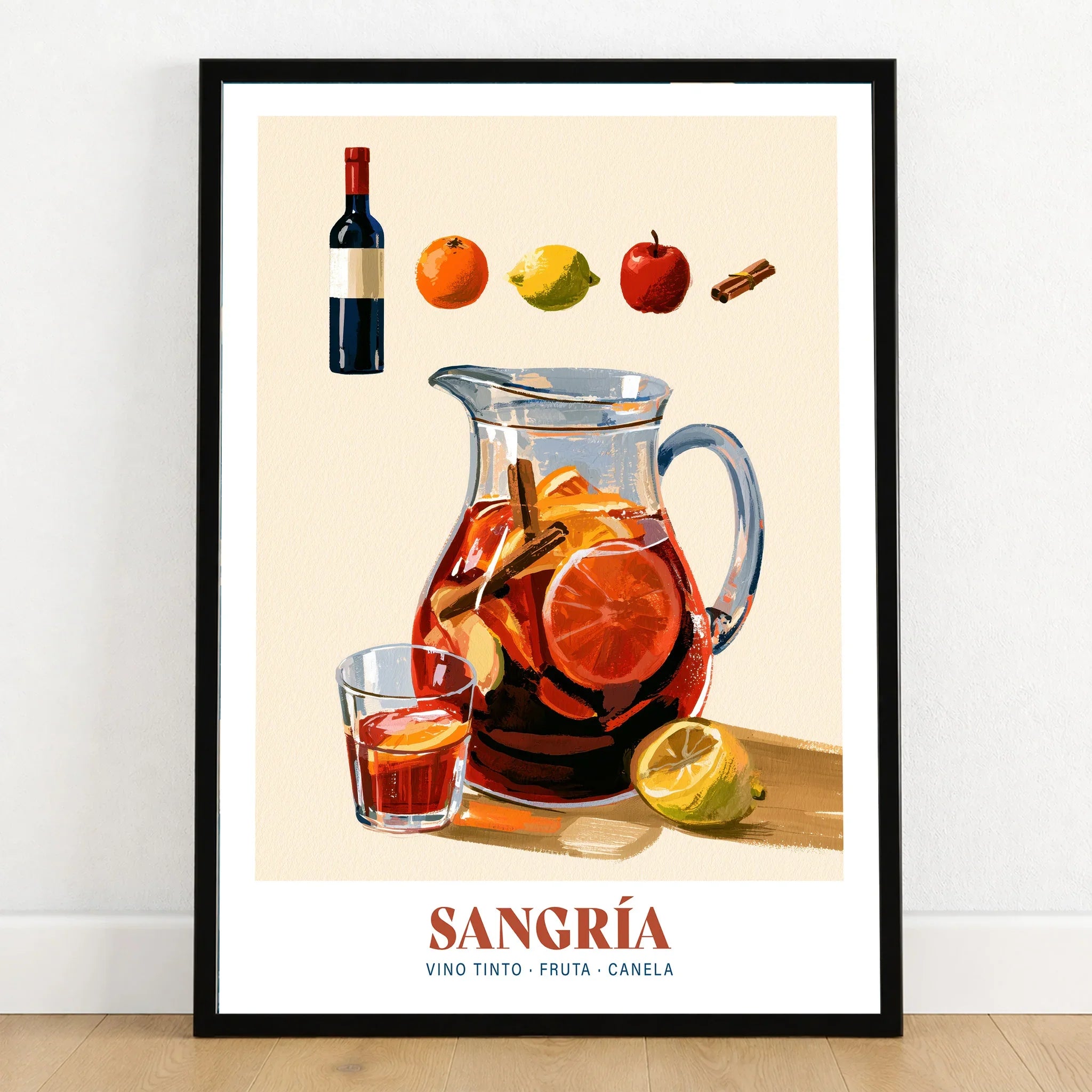 Spanish Sangria Cocktail Poster - art print in black frame on wooden floor