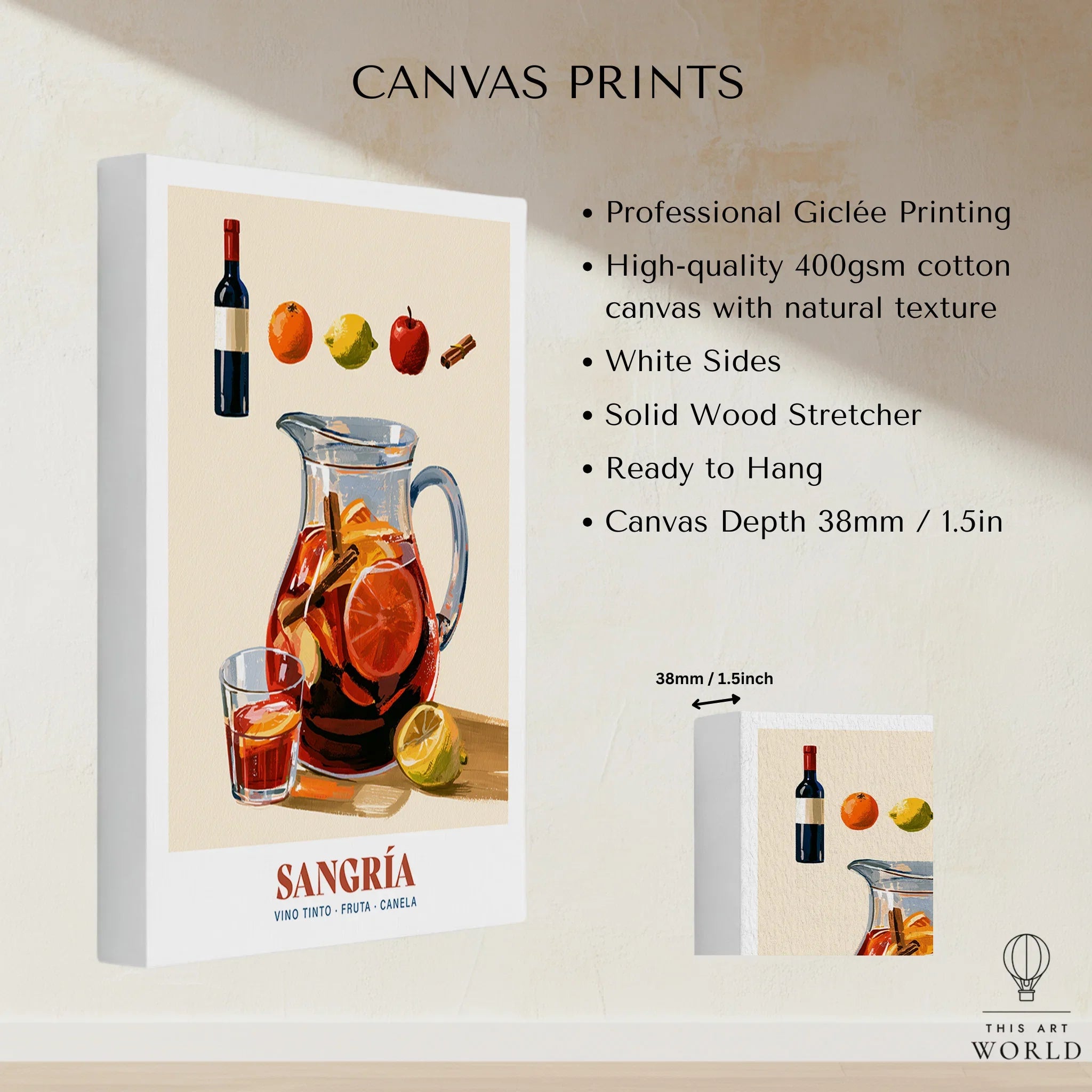 Spanish Sangria Cocktail Poster - canvas print stretched cotton canvas details