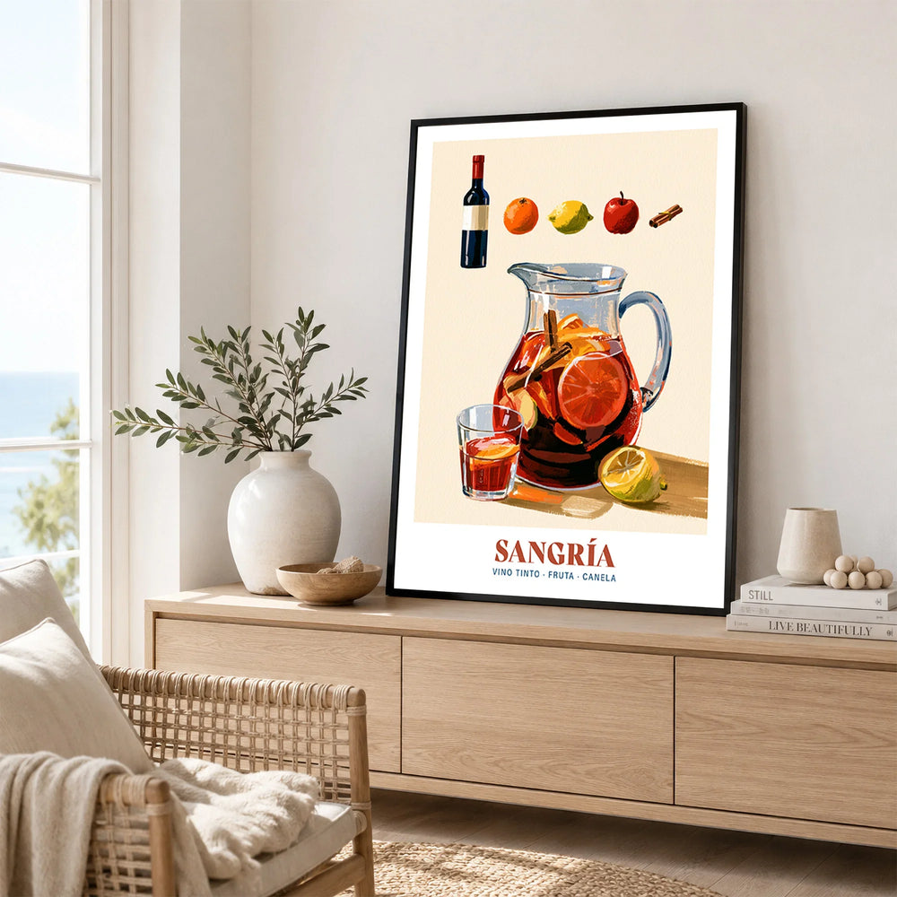 Spanish Sangria Cocktail Poster - framed artwork living room lifestyle setting