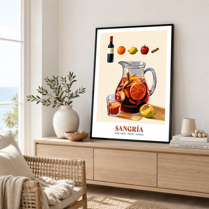 Spanish Sangria Cocktail Poster - framed artwork living room lifestyle setting