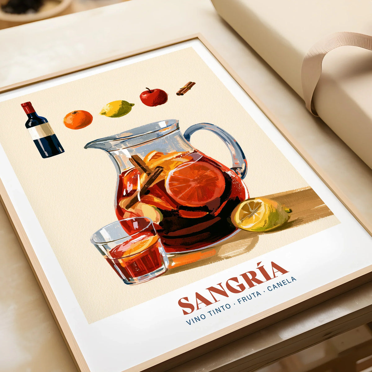 Spanish Sangria Cocktail Poster - framed art print closeup gift unwrapped natural frame