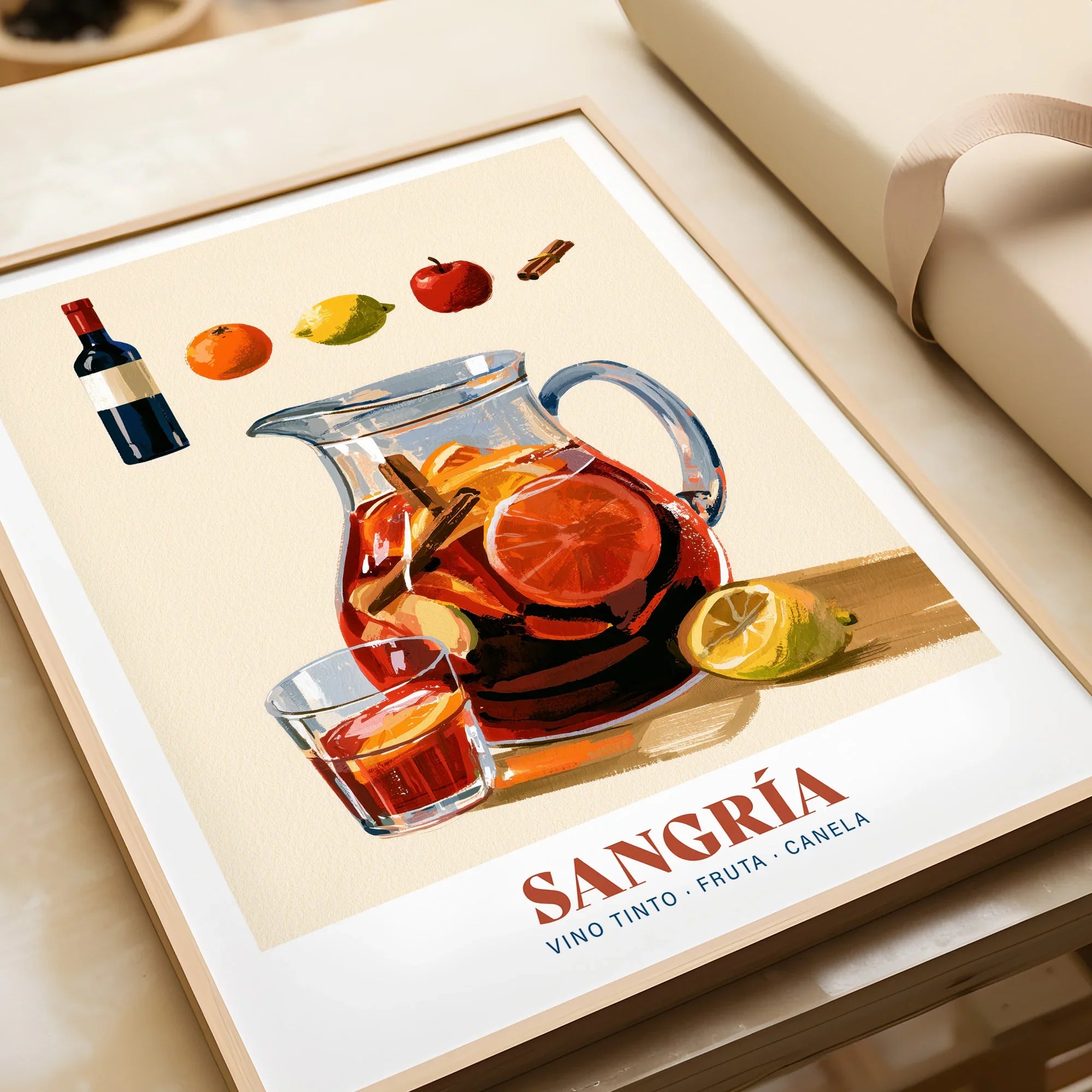 Spanish Sangria Cocktail Poster - framed art print closeup gift unwrapped natural frame