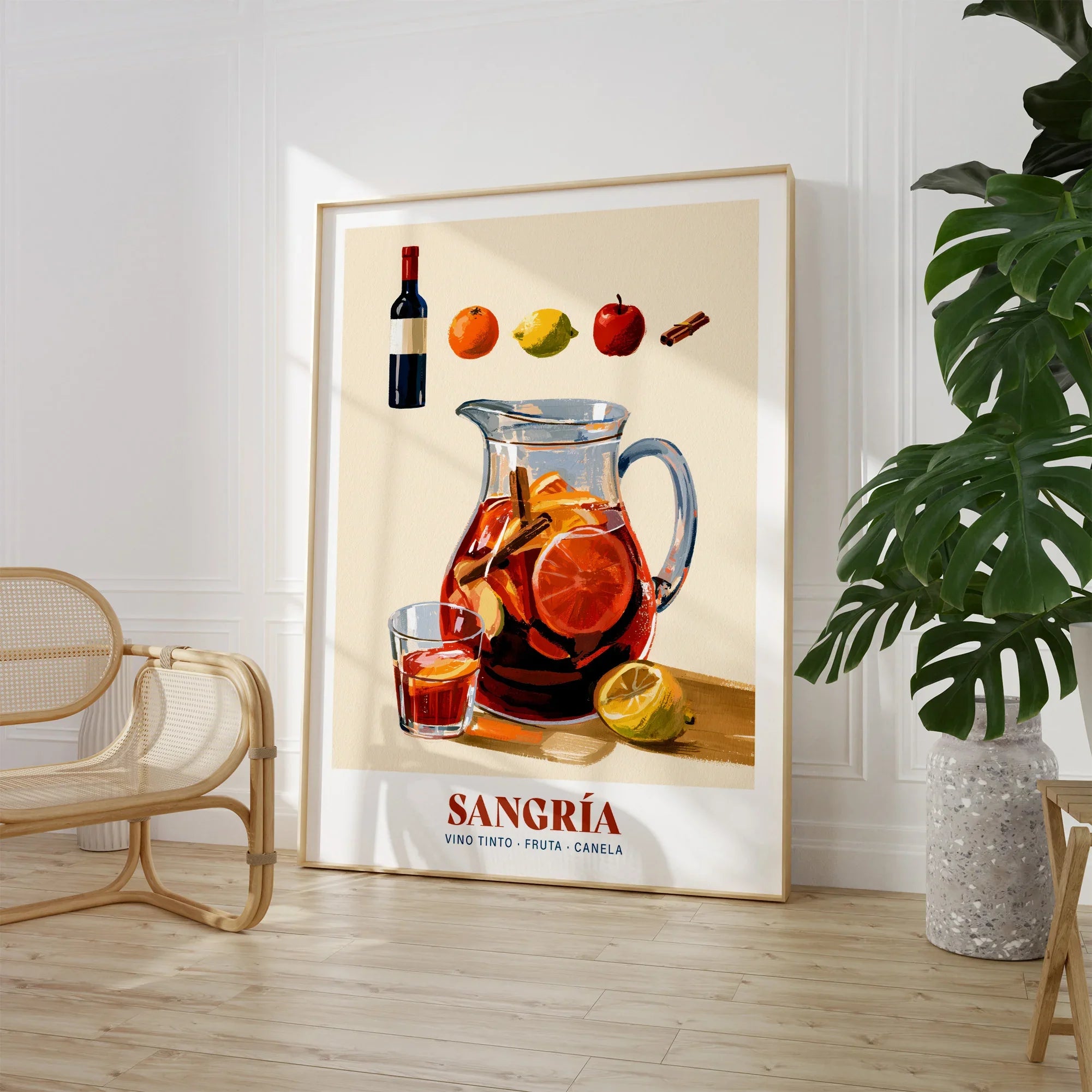Spanish Sangria Cocktail Poster - large framed print room setting chair plant