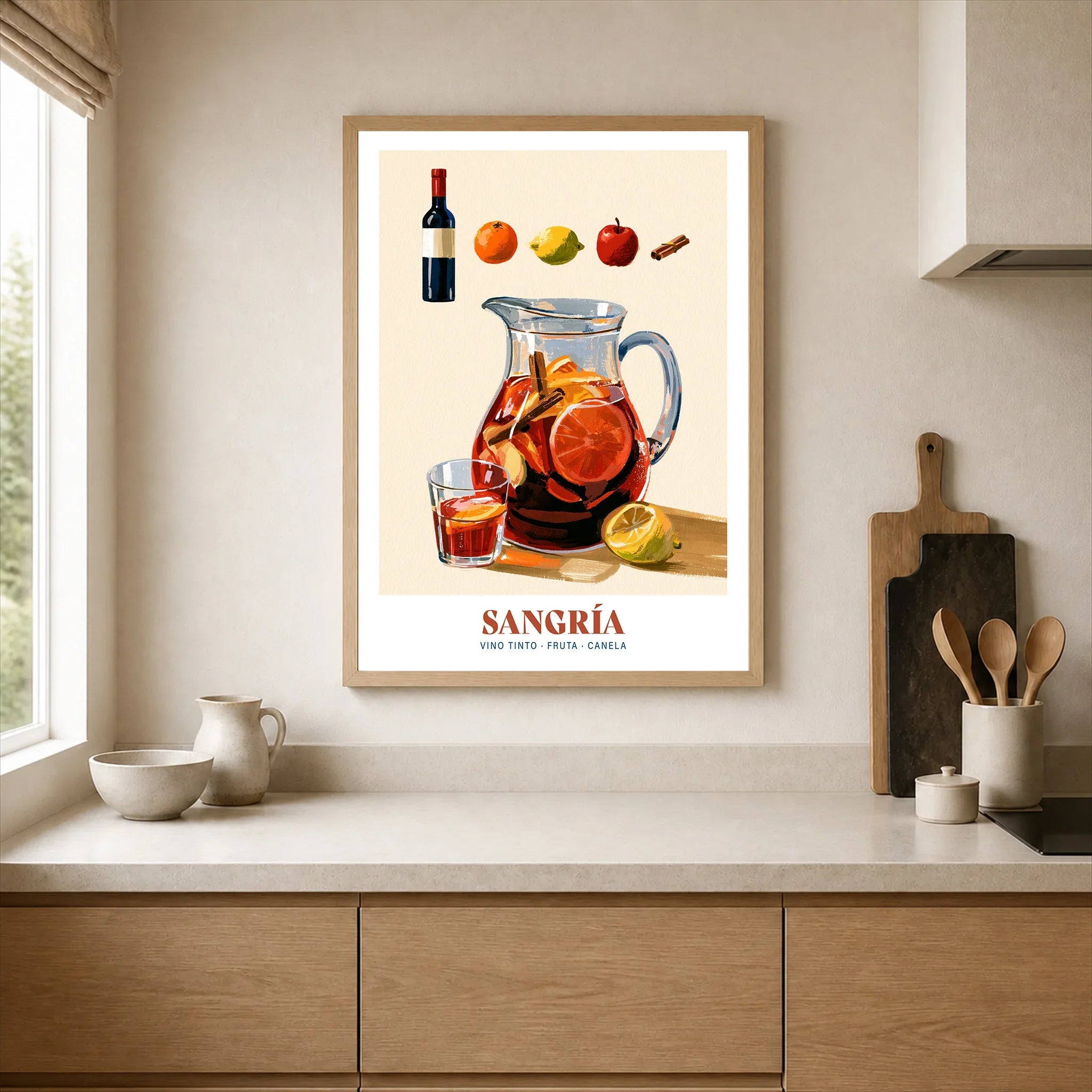 Spanish Sangria Cocktail Poster - neutral kitchen single frame mockup This Art World