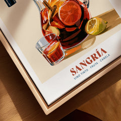 Spanish Sangria Cocktail Poster - closeup framed canvas natural wood floating frame