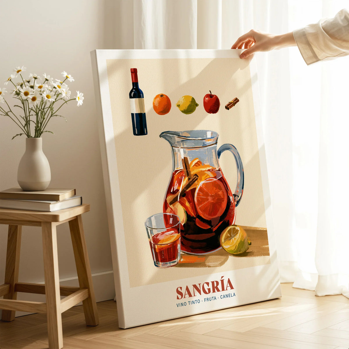 Spanish Sangria Cocktail Poster - canvas print mirror edge hand holding room setting
