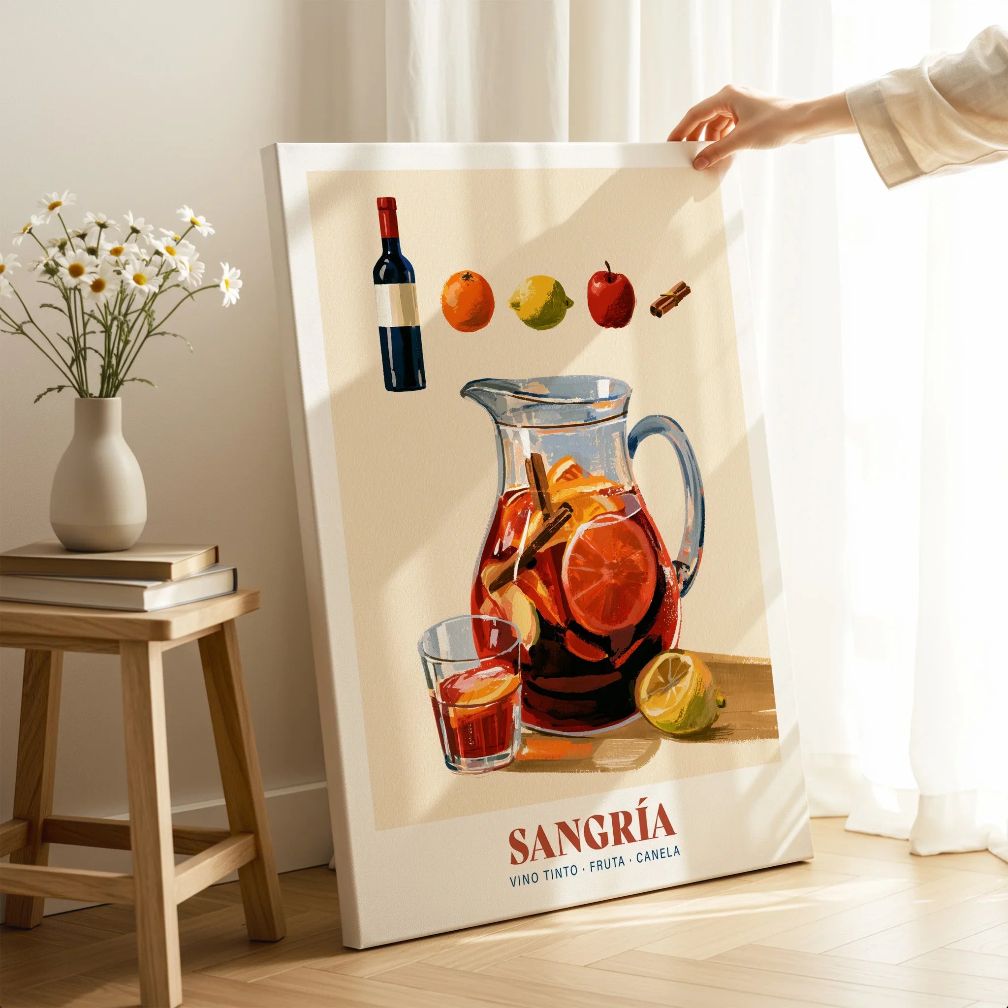 Spanish Sangria Cocktail Poster - canvas print mirror edge hand holding room setting