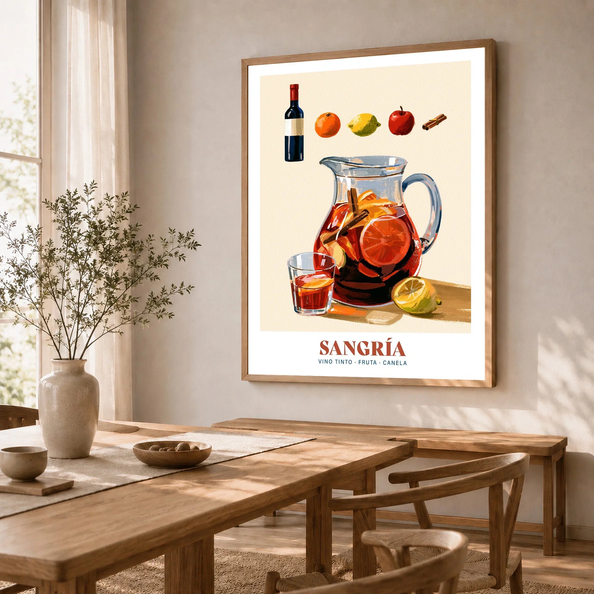 Spanish Sangria Cocktail Poster - dining room framed print natural wood frame mockup ThisArtWorld