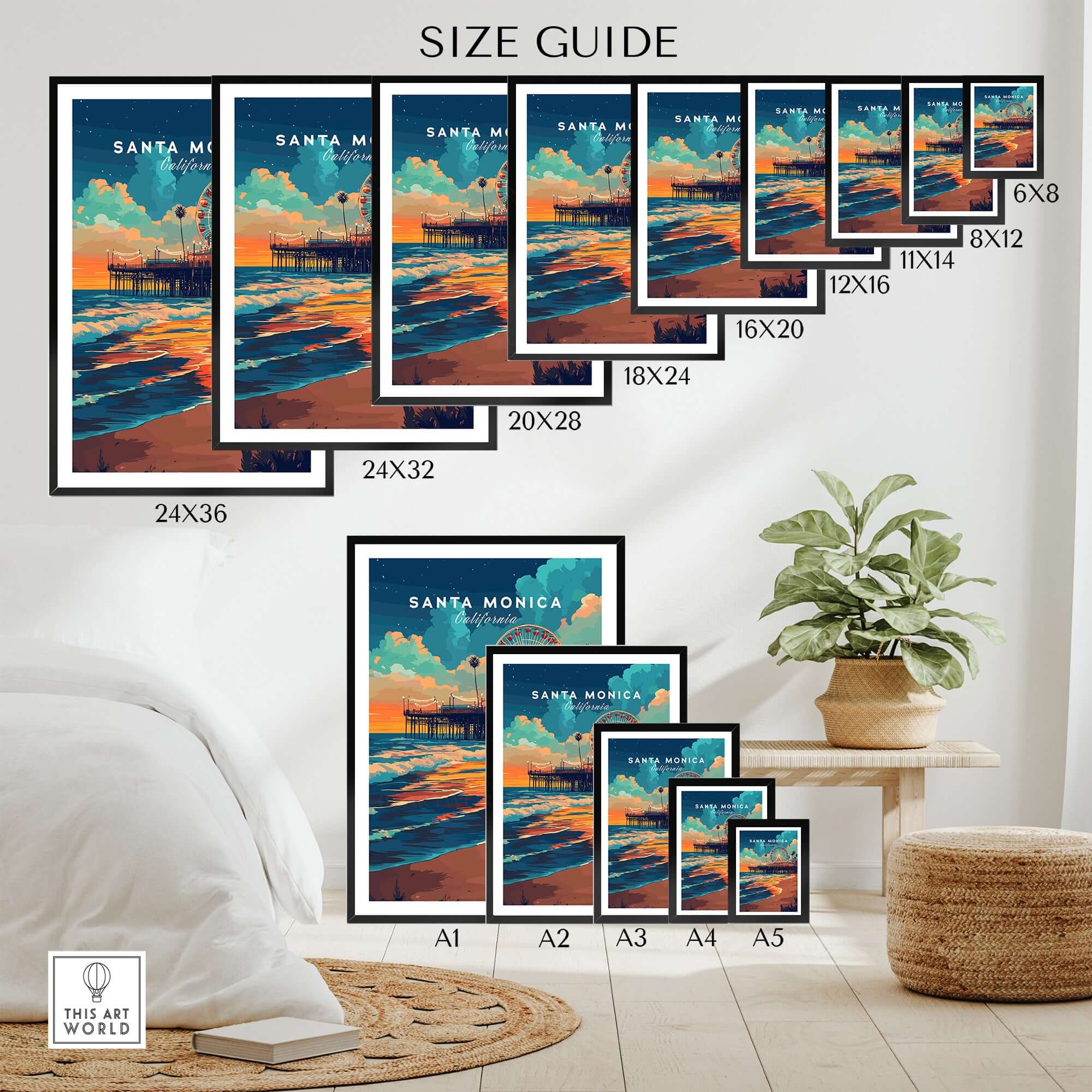 Size guide for Santa Monica Beach Poster – Iconic Pier Artwork with multiple frame options.