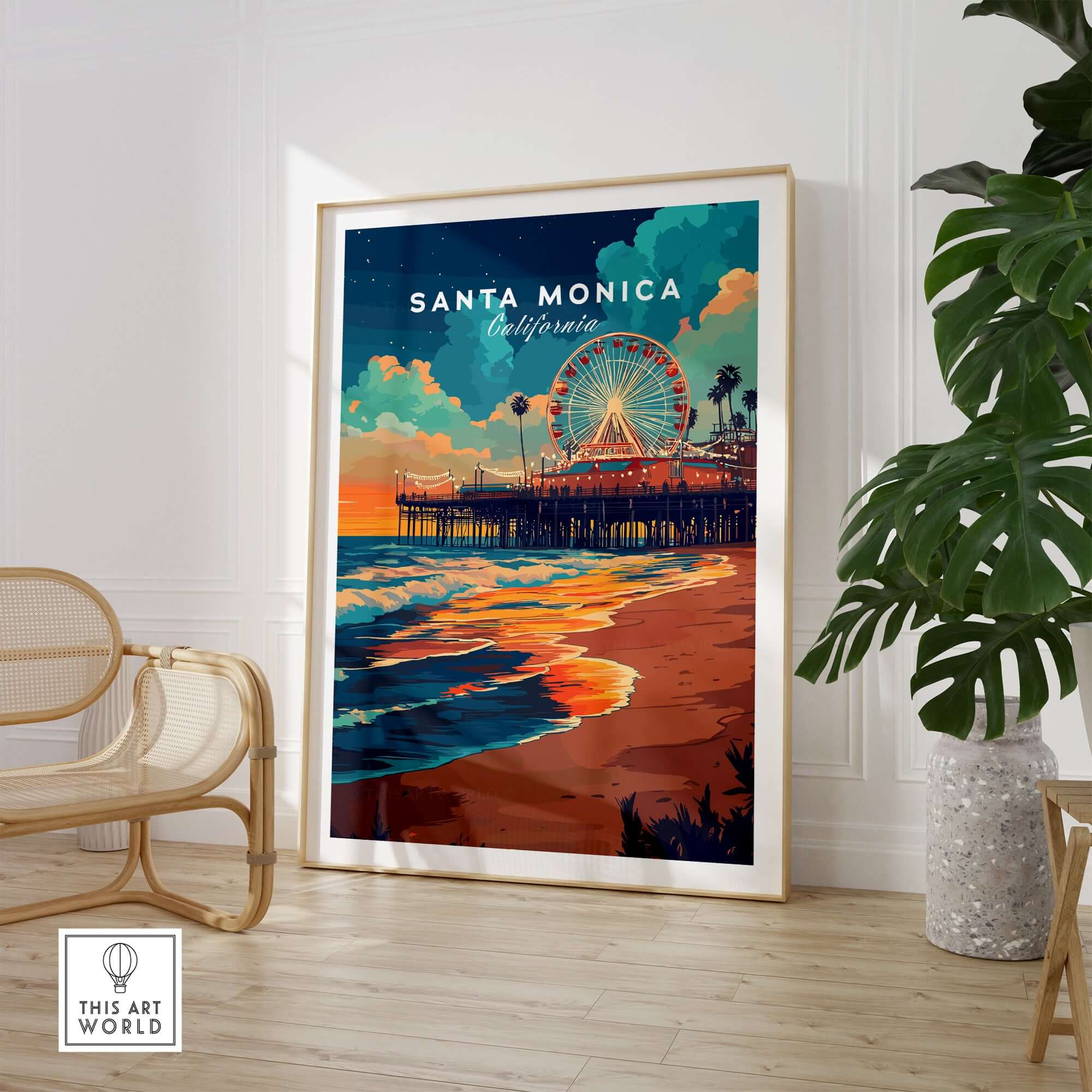 Santa Monica Beach Poster – Iconic Pier Artwork showcasing the vibrant Santa Monica Pier at sunset.