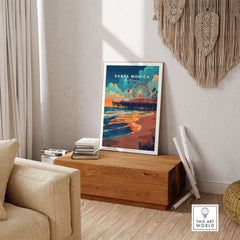 Santa Monica Beach Poster – Iconic Pier Artwork displayed in a stylish interior with coastal decor.