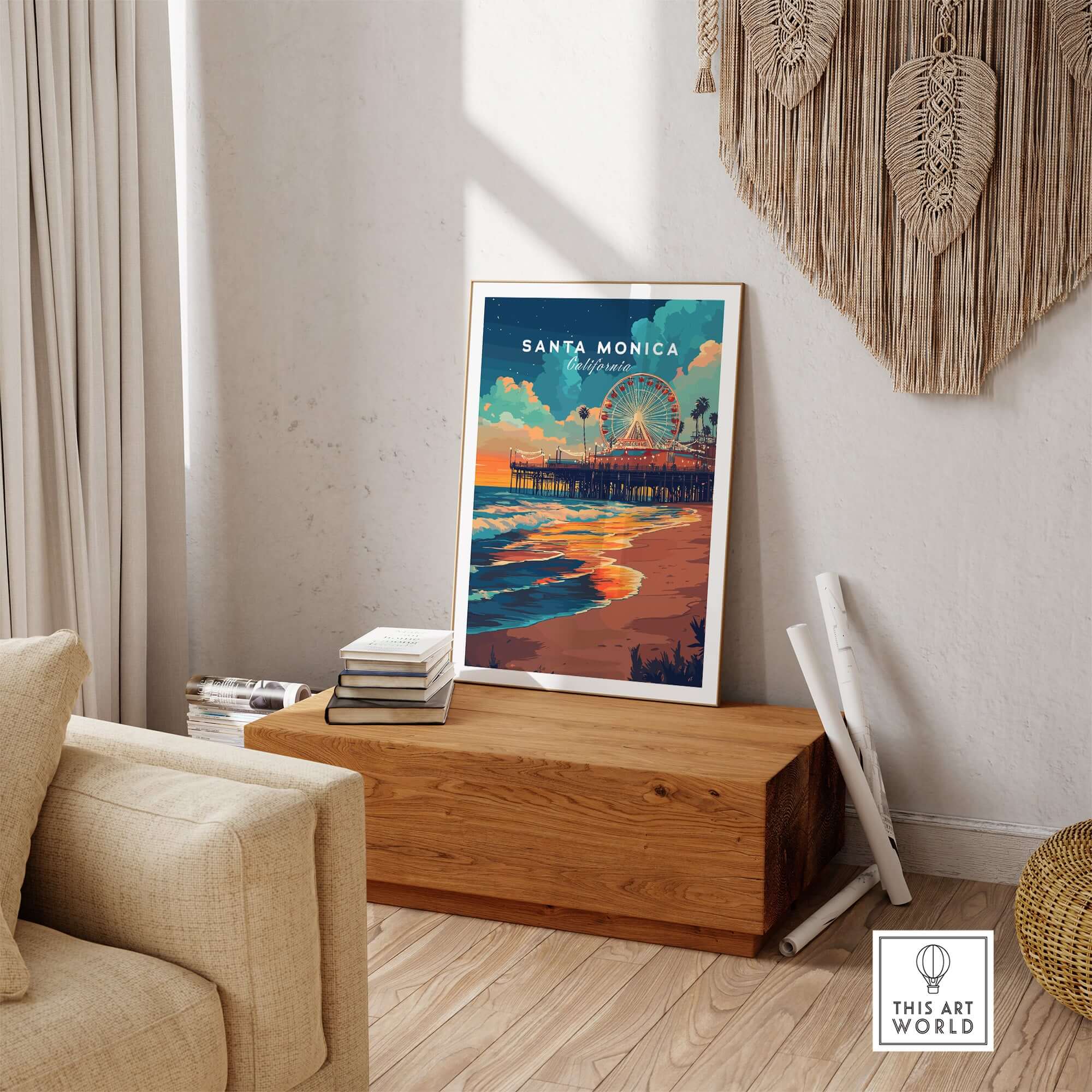 Santa Monica Beach Poster – Iconic Pier Artwork displayed in a stylish interior with coastal decor.