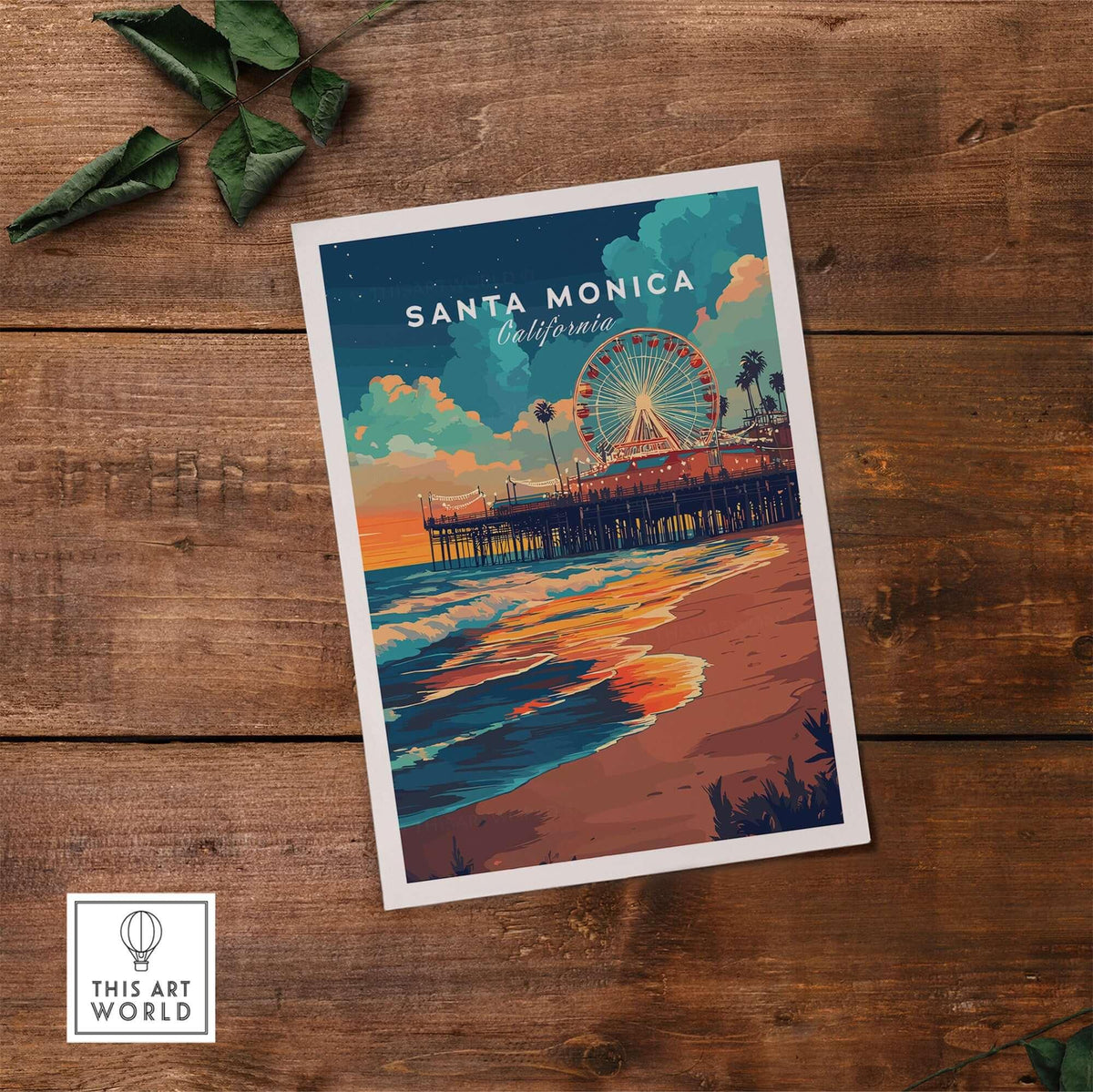 Santa Monica Beach Poster – Iconic Pier Artwork depicting vibrant sunset over ocean and iconic pier.