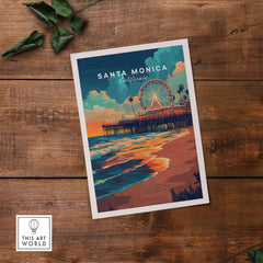 Santa Monica Beach Poster – Iconic Pier Artwork depicting vibrant sunset over ocean and iconic pier.