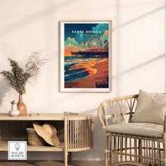 Santa Monica Beach Poster – Iconic Pier Artwork displayed in a stylish living room setting with coastal decor.