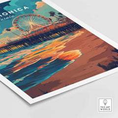 Santa Monica Beach Poster – Iconic Pier Artwork showcasing vibrant ocean sunset and famous pier.