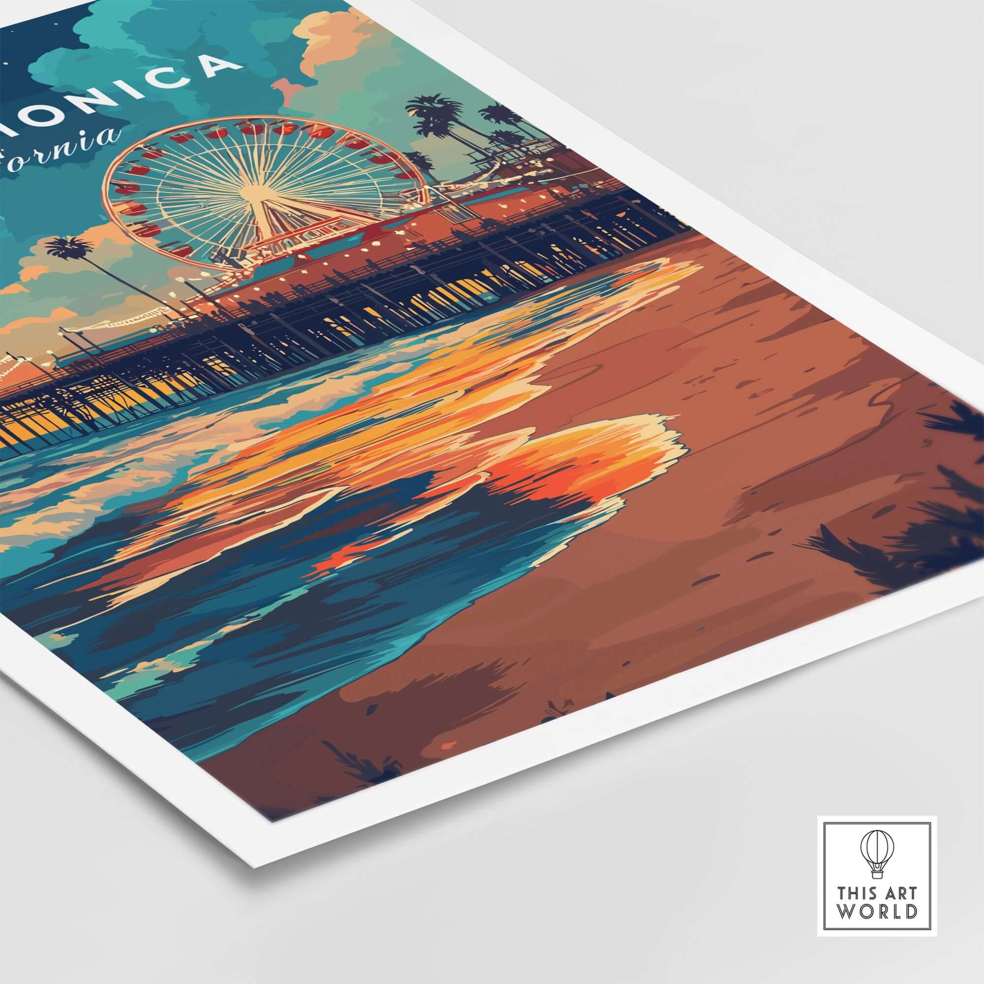Santa Monica Beach Poster – Iconic Pier Artwork showcasing vibrant ocean sunset and famous pier.