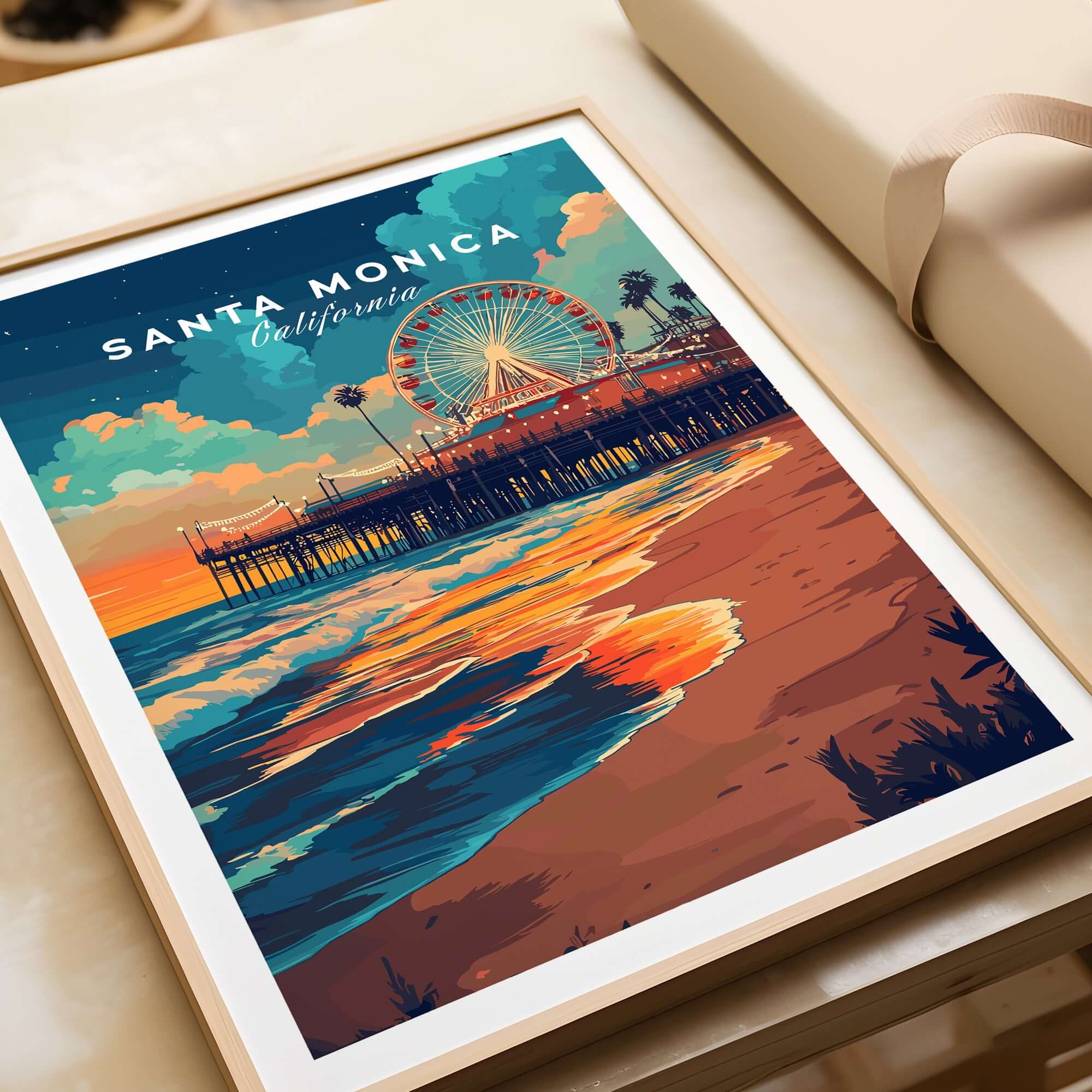 Santa Monica Beach Poster – Iconic Pier Artwork featuring a colorful sunset over the Santa Monica Pier.