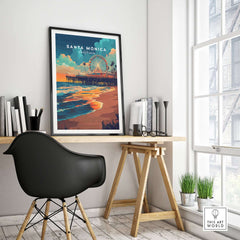 Santa Monica Beach Poster – Iconic Pier Artwork displayed in a stylish home office, showcasing coastal charm and vibrant colors.
