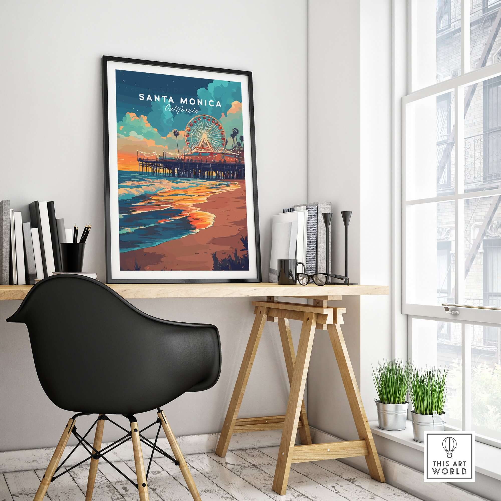 Santa Monica Beach Poster – Iconic Pier Artwork displayed in a stylish home office, showcasing coastal charm and vibrant colors.