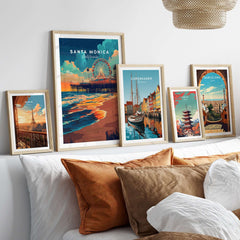 Santa Monica Beach Poster – Iconic Pier Artwork showcased in a stylish interior with framed city artwork.