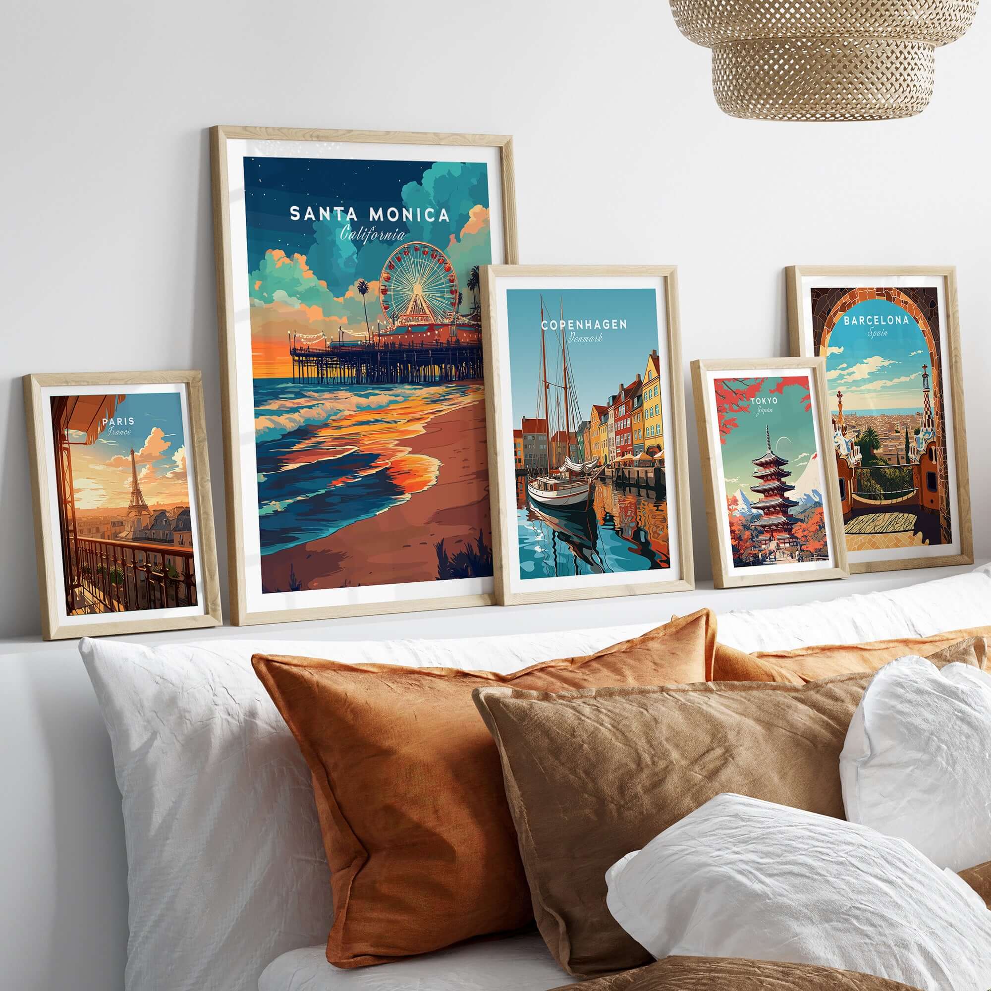 Santa Monica Beach Poster – Iconic Pier Artwork showcased in a stylish interior with framed city artwork.