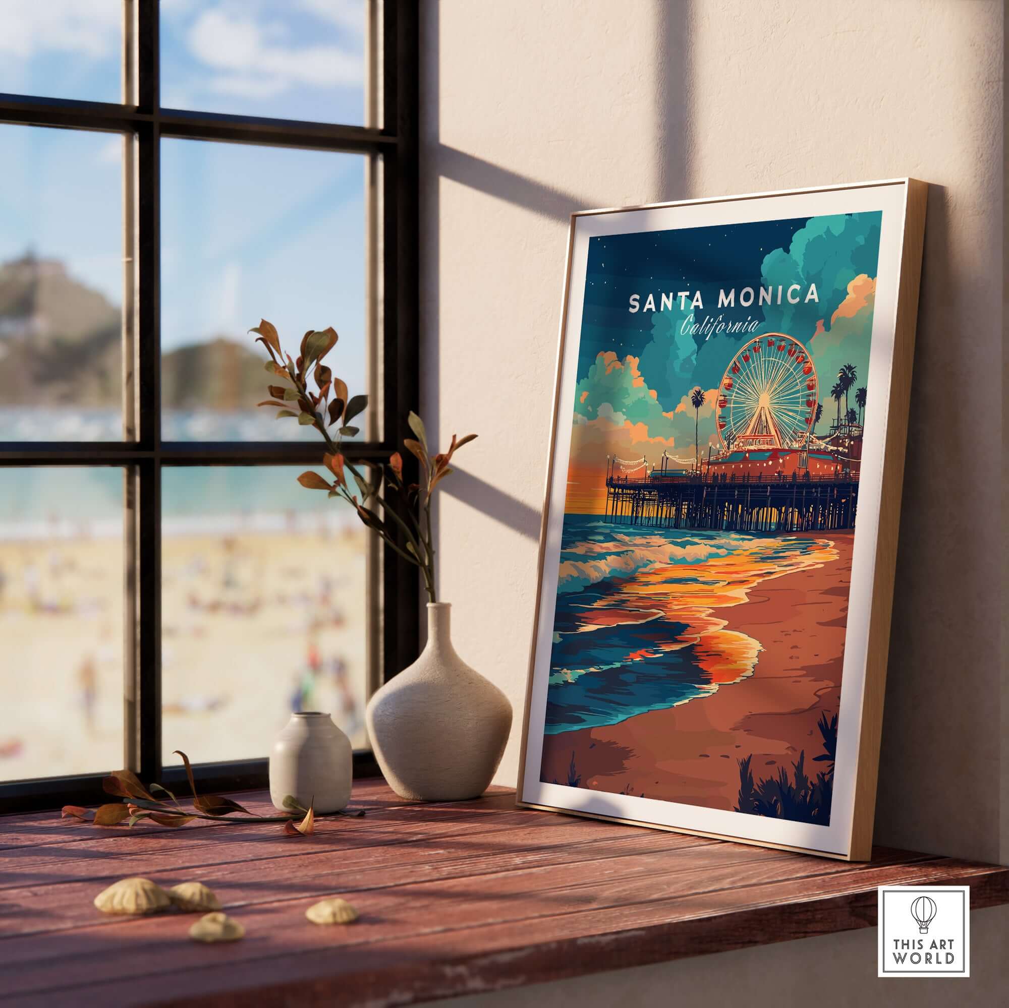 Santa Monica Beach Poster – Iconic Pier Artwork displayed on a windowsill, capturing the beauty of Santa Monica Beach.