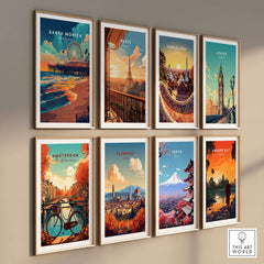 Santa Monica Beach Poster – Iconic Pier Artwork displayed among various city posters.