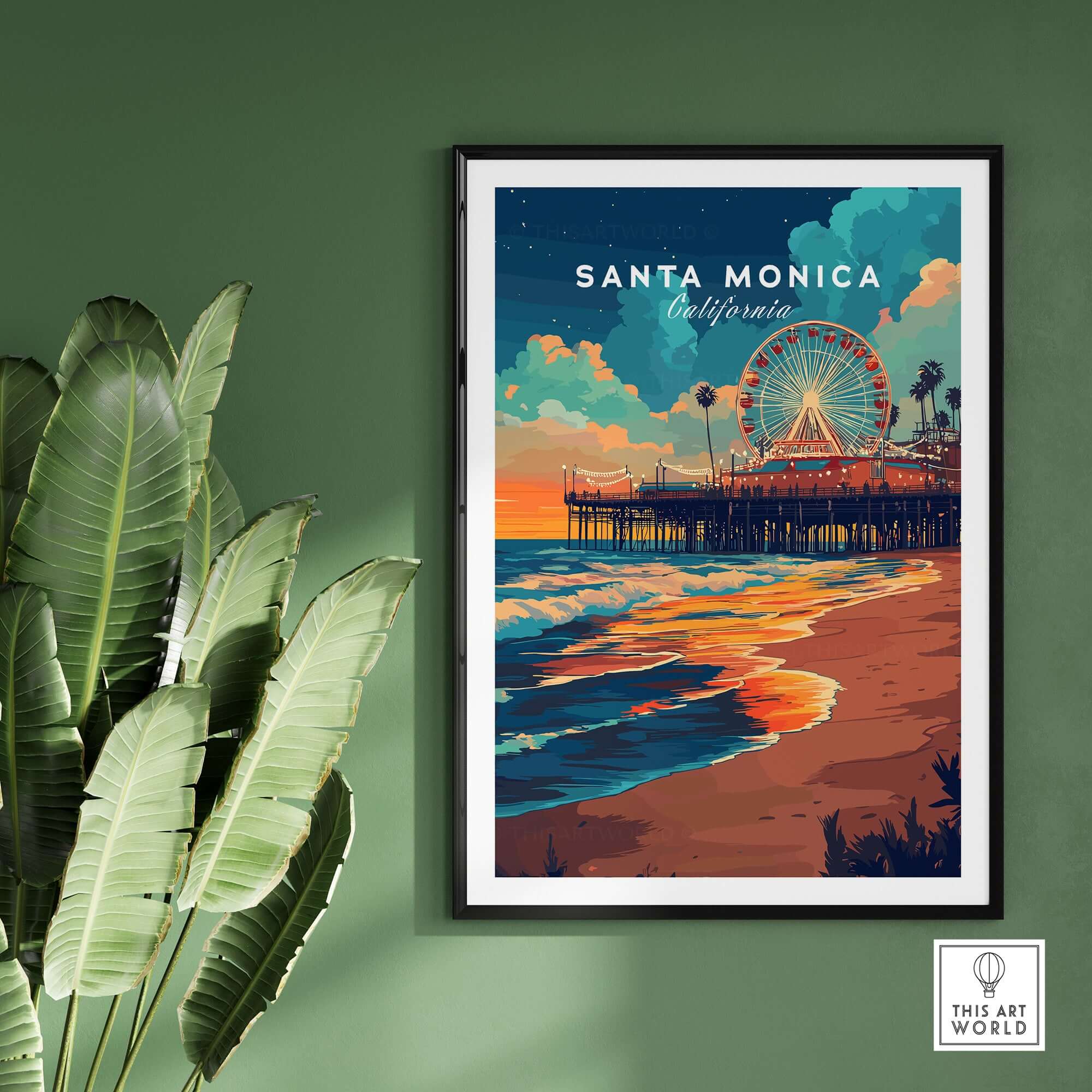 Santa Monica Beach Poster – Iconic Pier Artwork showcasing the vibrant pier and sunset at Santa Monica, California.