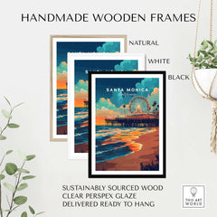 Santa Monica Beach Poster – Iconic Pier Artwork in handmade wooden frames in natural, white, and black finishes.