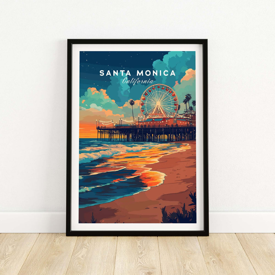 Santa Monica Beach poster featuring the iconic pier and vibrant California sunset over the ocean.