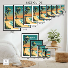 Santa Monica Beach Poster – Pier View size guide displaying various frame sizes for coastal art prints.
