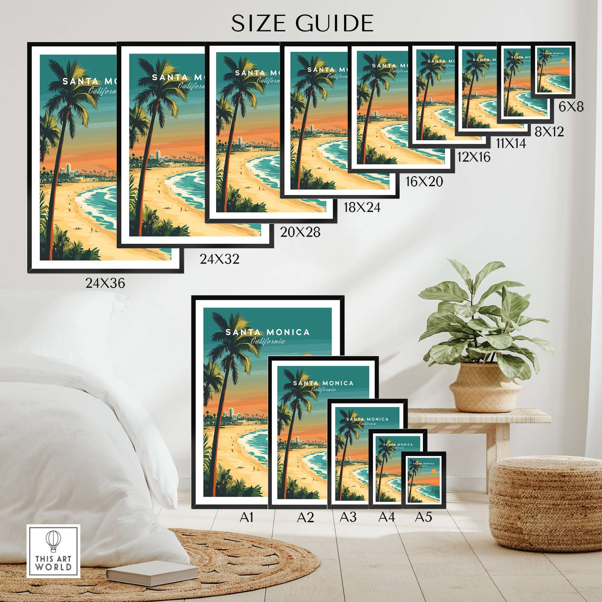 Santa Monica Beach Poster – Pier View size guide displaying various frame sizes for coastal art prints.