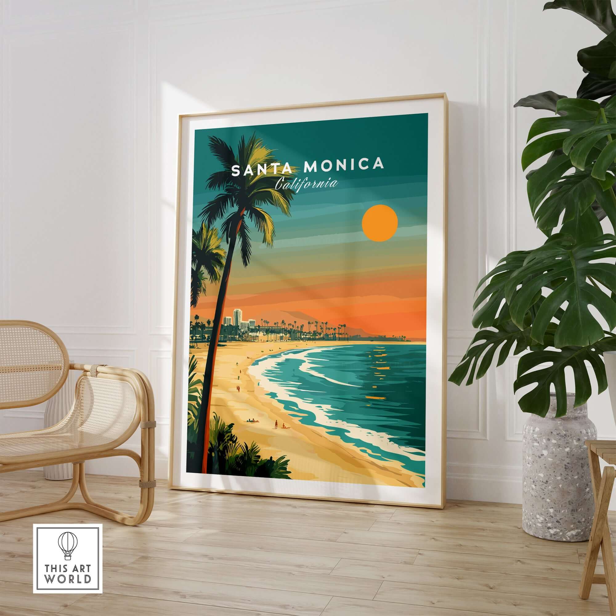 Santa Monica Beach Poster – Pier View showcasing vibrant beach scene and palm trees in California.