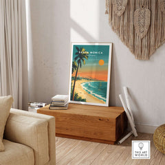 Santa Monica Beach Poster – Pier View displayed in a stylish home interior, showcasing vibrant ocean and sunset colors.