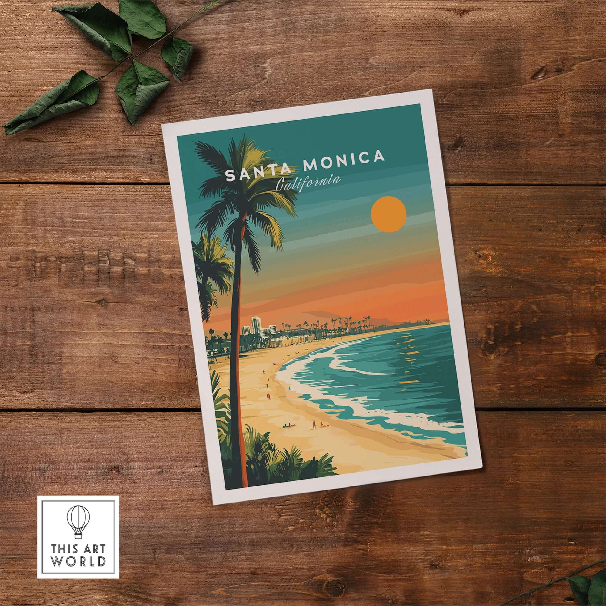 Santa Monica Beach Poster – Pier View featuring palm trees and a sunset over the ocean.