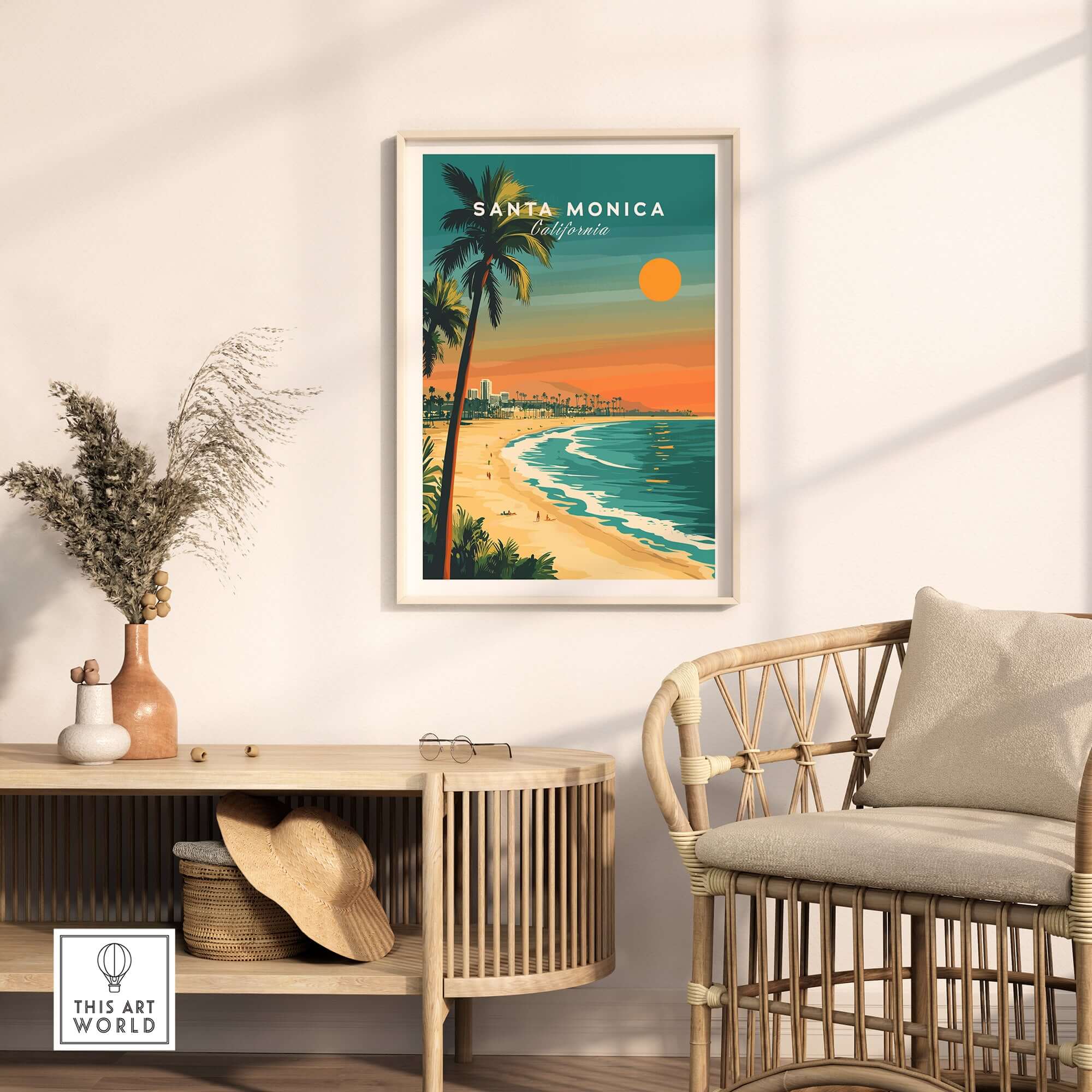 Santa Monica Beach Poster – Pier View displayed in a stylish living room with sunset and palm trees.