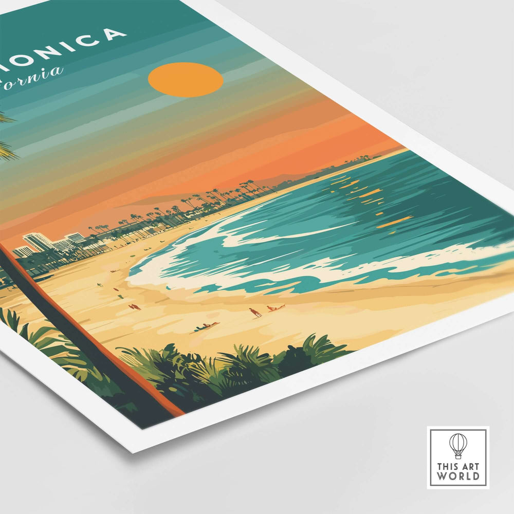 Santa Monica Beach Poster showcasing vibrant sunset over the pier and ocean, perfect for home decor.