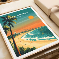 Santa Monica Beach Poster – Pier View showcasing vibrant beach scenery and palm trees in an art print.