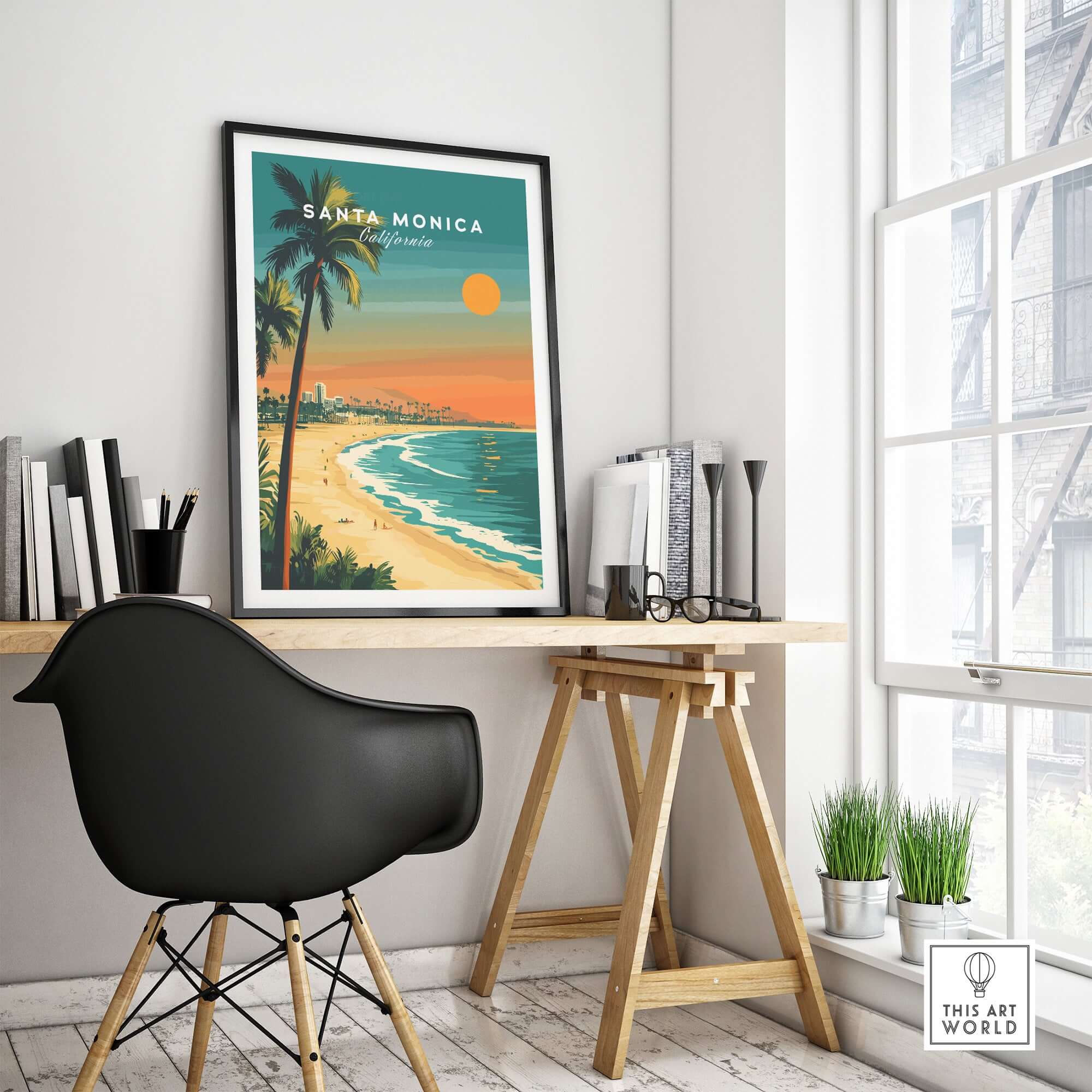 Santa Monica Beach Poster – Pier View displayed in a stylish home office setting with a modern chair and plants.
